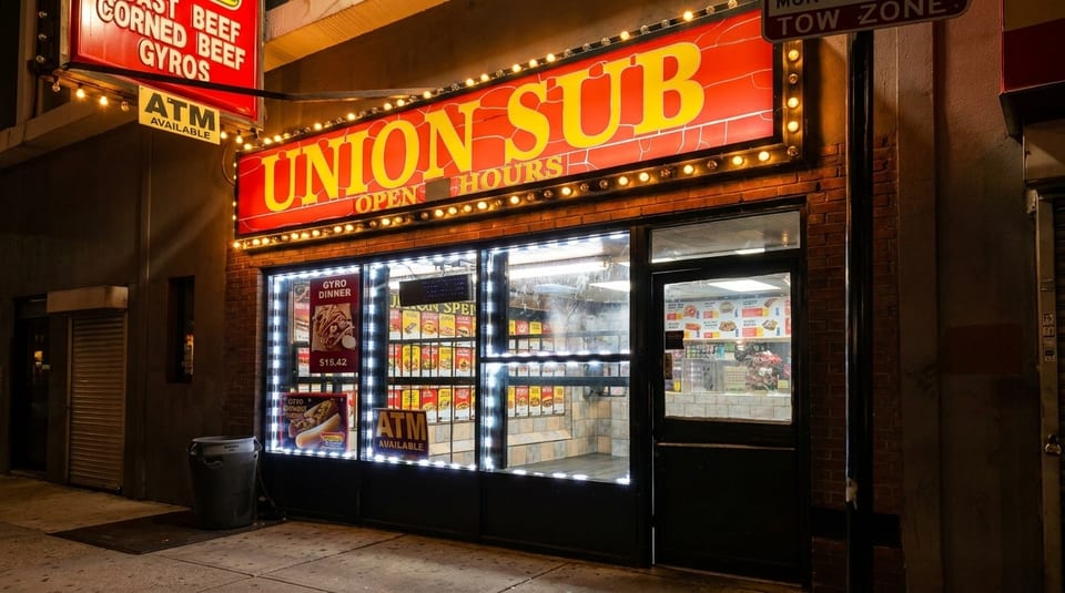 The brightly lit exterior of Union Sub restaurant at night, featuring a large red and yellow sign.