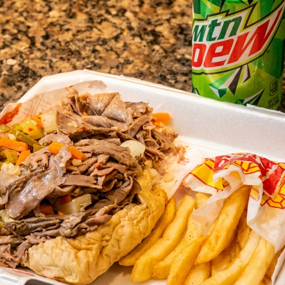 Italian beef sandwich with giardiniera, fries, a side of sauce, and a Mountain Dew can.