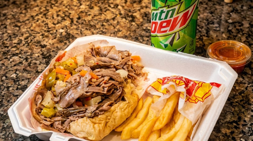 Italian beef sandwich with giardiniera, fries, a side of sauce, and a Mountain Dew can.