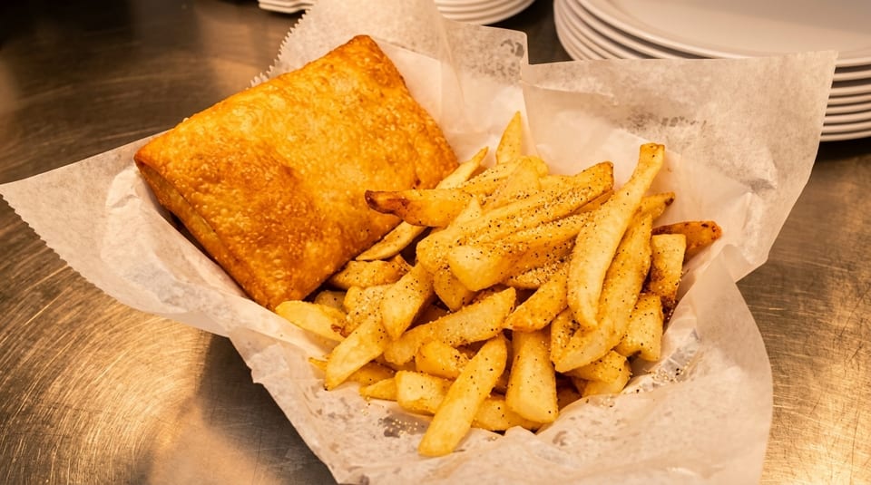 Golden-brown fried fish and seasoned french fries served in a paper-lined basket on a metal counter.