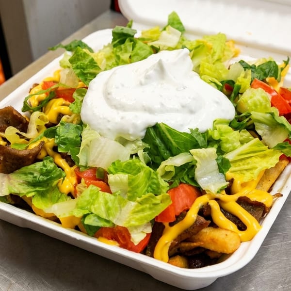 Loaded fries with meat, cheese sauce, lettuce, tomatoes, and a dollop of white sauce in a takeout container.