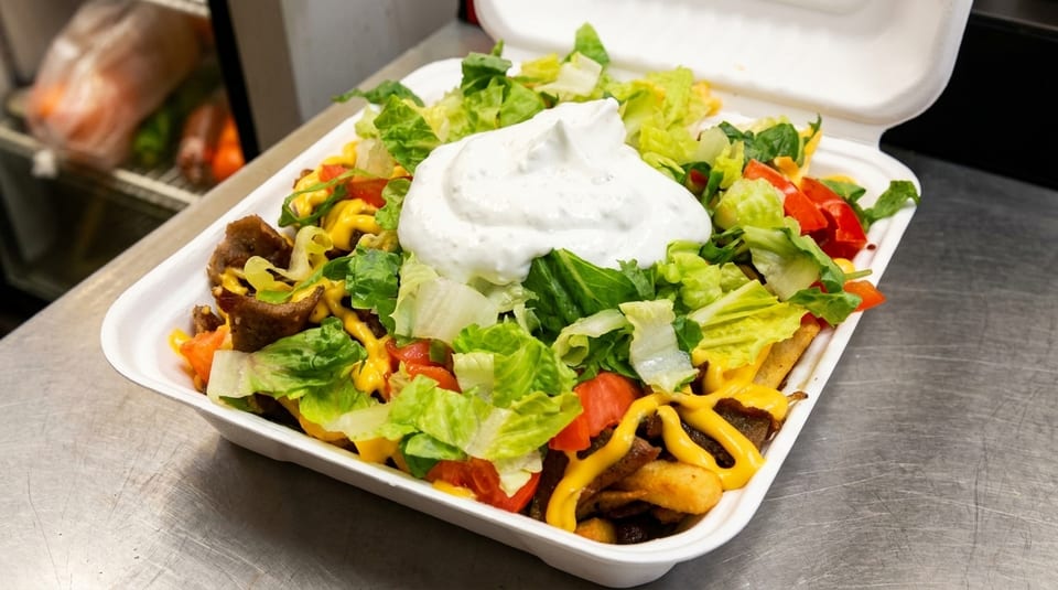 Loaded fries with meat, cheese sauce, lettuce, tomatoes, and a dollop of white sauce in a takeout container.