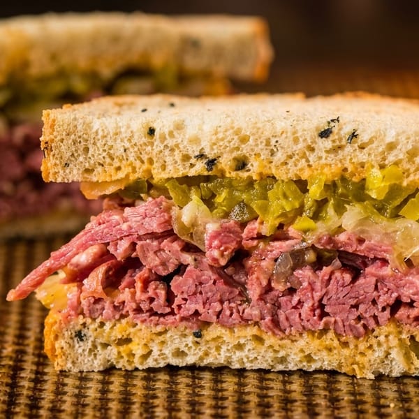 Two hearty pastrami sandwiches on rye bread with pickles and sauerkraut, on a woven mat.