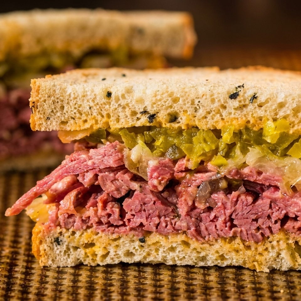 Two hearty pastrami sandwiches on rye bread with pickles and sauerkraut, on a woven mat.