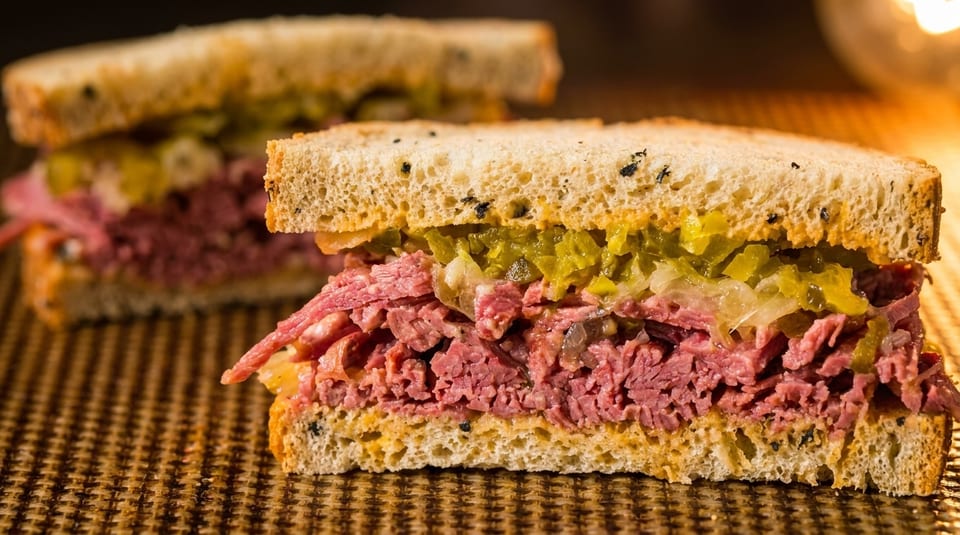 Two hearty pastrami sandwiches on rye bread with pickles and sauerkraut, on a woven mat.
