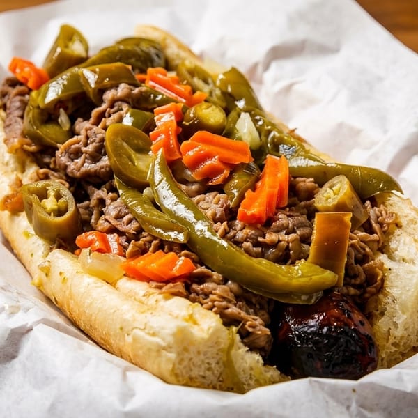Cheesesteak sandwich with steak, green peppers, carrots, and onions on a hoagie roll.