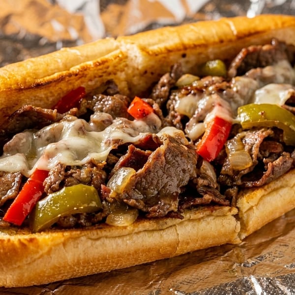 A close-up of a cheesesteak sandwich with steak, melted cheese, onions, and peppers on foil.