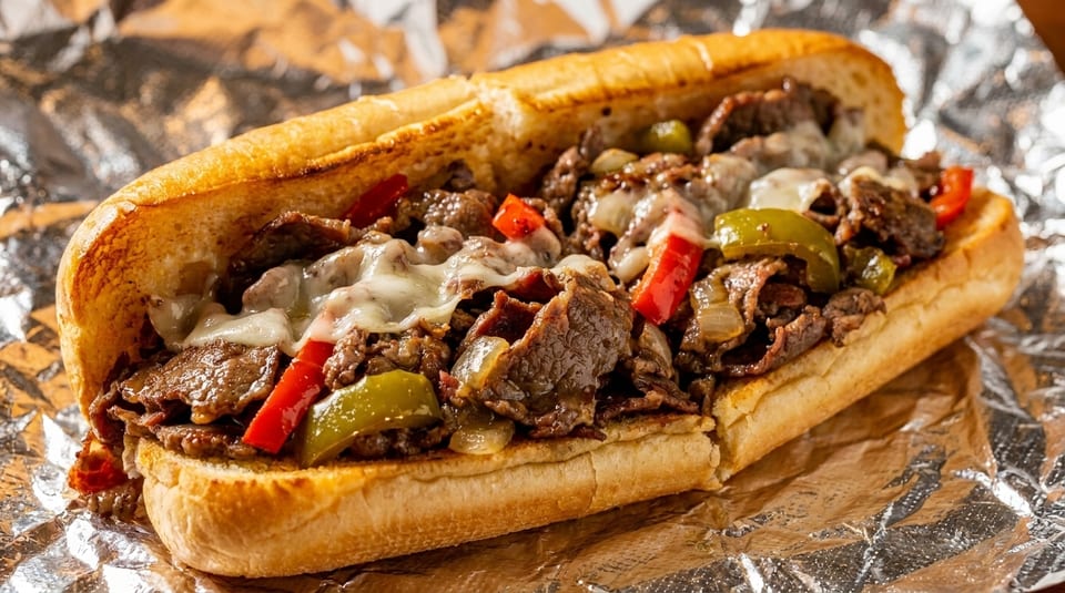 A close-up of a cheesesteak sandwich with steak, melted cheese, onions, and peppers on foil.